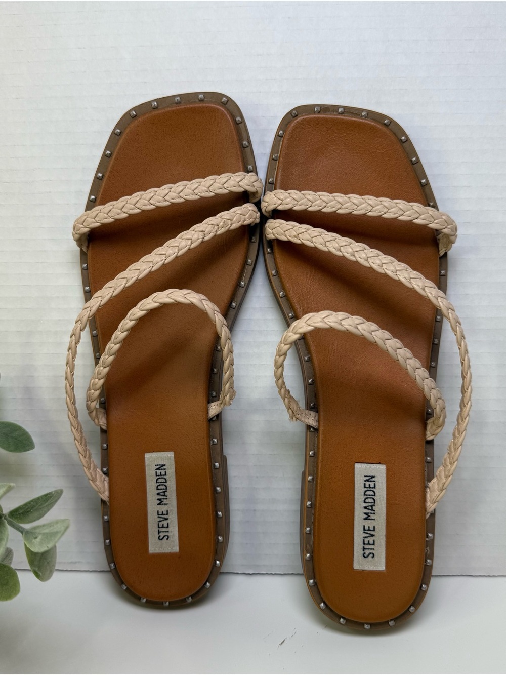 Steve Madden Womens Starie Square Toe Stud Trim Braided Strappy Sandals Size 9.5